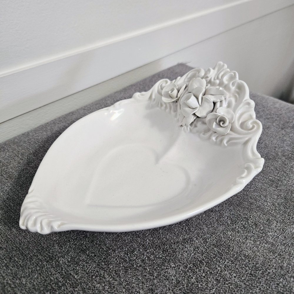 Porcelain Heart Shape Trinket Dish Candy Soap 3D Roses Italy Valentines Love